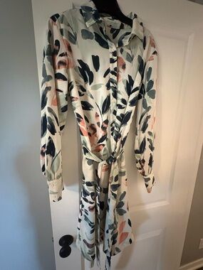 A New Day Cream Floral Maxi Dress with Navy & peach Leaves tie waist M